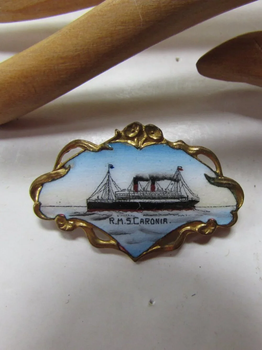 Antique Brooch Souvenir RMS Caronia Cunard Ocean Liner Blue Enamel